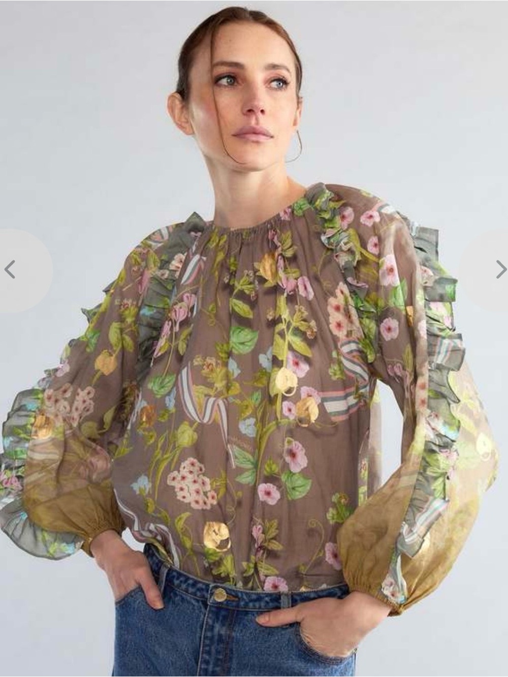 NWOT Cynthia Rowley Designer Dawn Blouse Large Floral Ruffle Gold Foil ~$345